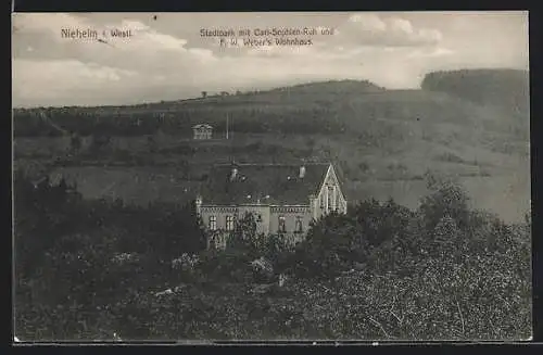 AK Nieheim i. W., Stadtpark mit Carl-Sophien-Ruh u. F. W. Webers Wohnhaus