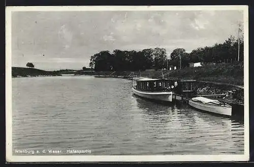 AK Nienburg a. d. Weser, Hafenpartie aus der Vogelschau