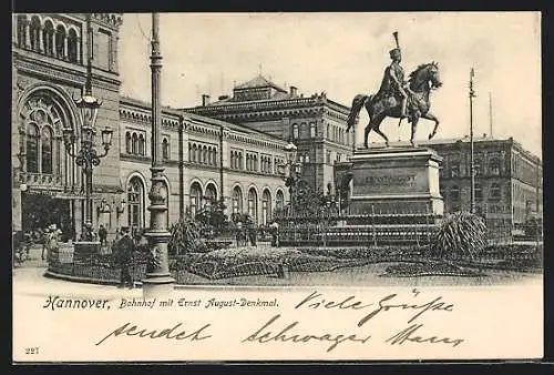 AK Hannover, Bahnhof mit Ernst August-Denkmal