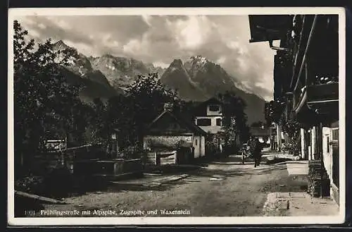 AK Garmisch, Frühlingstrasse mit Alpspitze, Zugpsitze u. Waxenstein