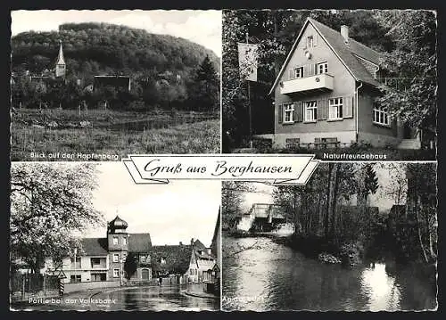 AK Berghausen / Pfinztal, Hopfenberg, Naturfreundehaus, Volksbank, Pfinzpartie