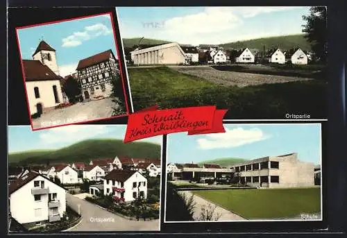 AK Schnait / Württ., Kirche mit Museum, Schule, Ortspartie