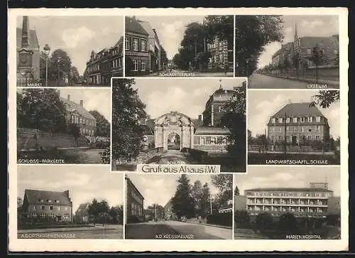 AK Ahaus i. W., Schloss, Markt, Schlageterplatz, Lyzeum, Marien-Hospital, Landwirtschaftliche Schule