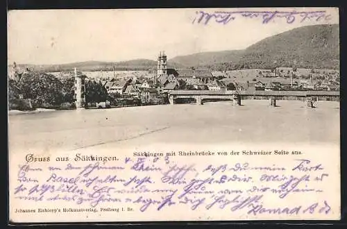 AK Säkkingen, Ortsansicht mit Rheinbrücke von der Schweizer Seite aus