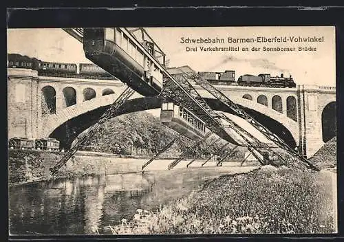 AK Elberfeld, Drei Verkehrsmittel an der Sonnbornerbrücke, Schwebebahn, Eisenbahn, Strassenbahn