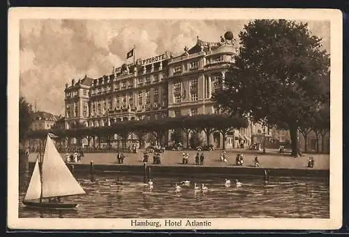 AK Hamburg-St.Georg, Schwäne auf dem Wasser vor dem Hotel Atlantic