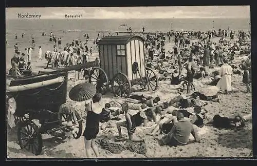 AK Norderney, Der Strand zur Hochsaison, Gäste in Bademode