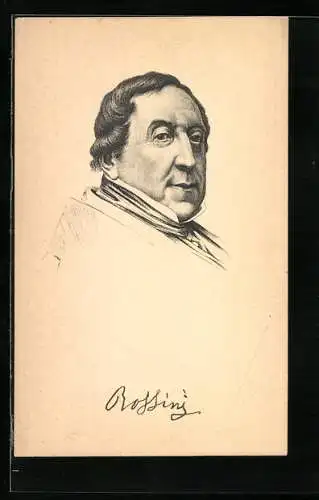 Künstler-AK Rossini, seitliches Portrait des korpulenten Musikers