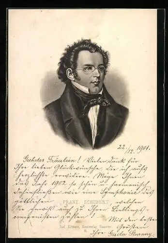 Künstler-AK Franz Schubert mit Brille und schwarzem Halstuch
