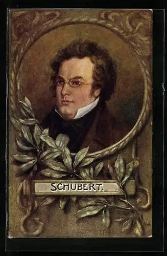 Künstler-AK Portrait des Komponisten Schubert, Lorbeerzweig