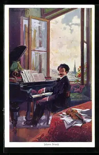 Künstler-AK F. Gareis: Portrait von Johann Strauss am Flügel bei geöffnetem Fenster