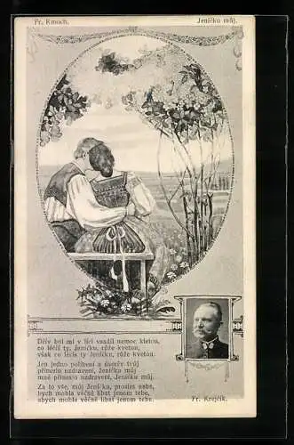 AK Komponist F. Kmoch, ein junges Paar in Tracht zwischen Blumen