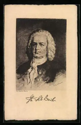 Künstler-AK Komponist Johann Sebastian Bach in der weissen Perücke mit einem Halstuch