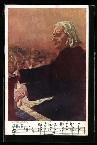 Künstler-AK Komponist Liszt am Klavier, Notenzeile Rhapsodie