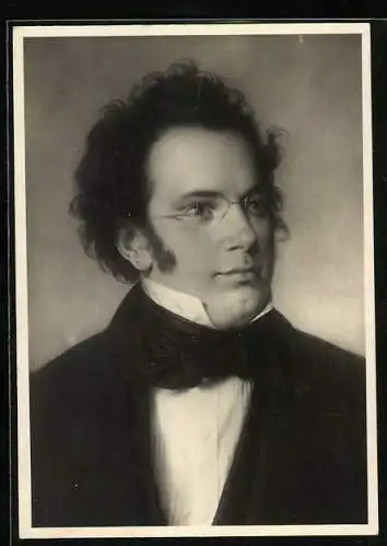 AK Franz Schubert im Portrait mit lockigem Haar und einer Brille