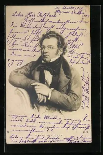 Künstler-AK Franz Schubert auf einem Stuhl mit einem Arm über der Lehne