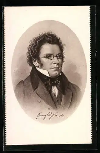 Künstler-AK Franz Schubert im Portrait mit lockigem Haar und seiner Brille