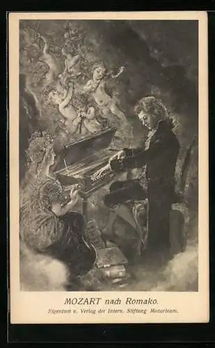 AK Mozart spielt an einem Klavier, diesem entsteigen musizierende Engel