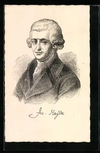 Künstler-AK Josef Haydn gezeichnet mit seiner Perücke im Mantel