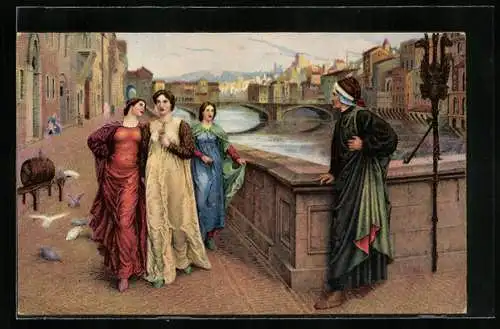 Künstler-AK Florenz, Dante und Beatrice treffen sich bei einem Spaziergang am Arno