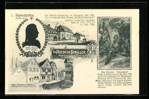 AK Hundertstes Todesjahr Friedrich Schillers 1905, Heimatjahre, Militär-Akademie Stuttgart, Geburtshaus in Marbach