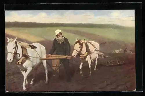 AK L. Tolstoj, mit dem Pflug auf dem Feld