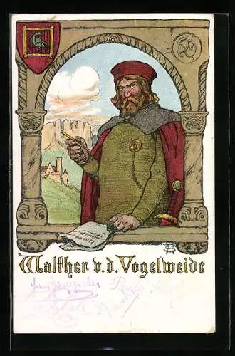 AK Walther v.d. Vogelweide, Dichter macht Notizen, Wappen