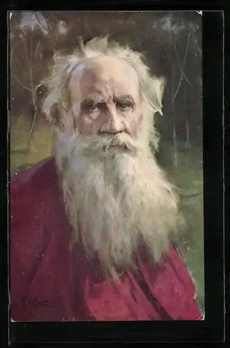 Künstler-AK Lew Nikolajewitsch Tolstoi, Portrait des gealterten Dichters