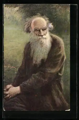 Künstler-AK Leo Tolstoi sitzend in einem Garten