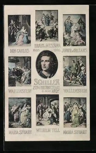 AK Dichter Schiller und seine Werke, Wallenstein, Don Carlos, Maria Stuart