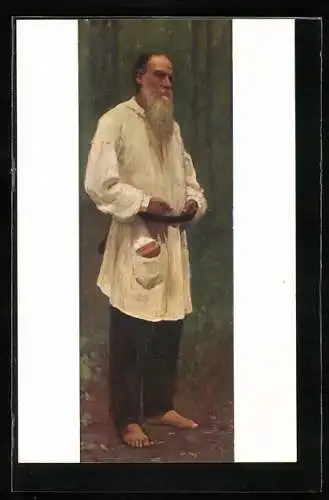 Künstler-AK Tolstoi barfuss im weissen Kittel