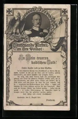 AK Portrait des Grossherzogs Friedrich von Baden, Flaggen, Rede von Friedrich, Adler