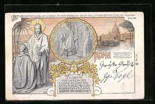 AK Roma, Partie mit Petersdom, Papst kniet nieder, Jesus segnet einen Mann