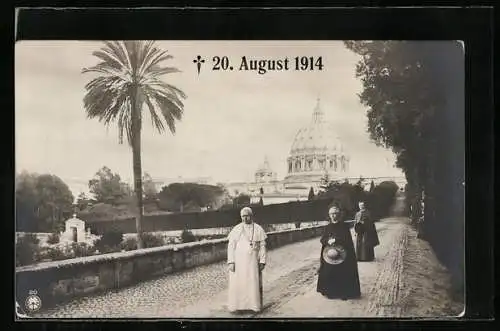 AK Papst Pius X. in Begleitung beim Spaziergang