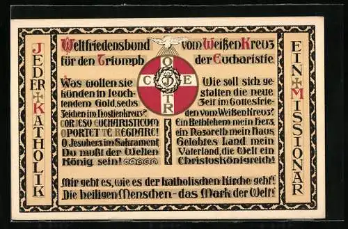 AK Weltfriedensbund vom Weissen Kreuz für den Triumph der Eucharistie mit Wappen
