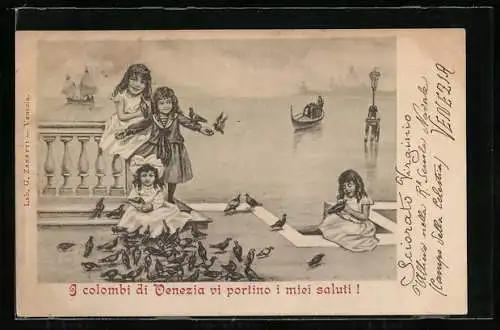 AK Venedig / Venezia, Vier Mädchen spielen am Ufer mit den Tauben