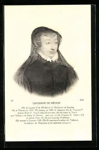 AK Königin Catherine de Médicis von Frankreich mit Kopftuch und Rüschenkragen