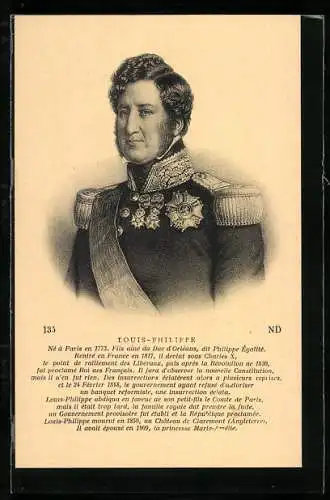 AK König Louis-Philippe von Frankreich in Uniform mit Orden und Epauletten