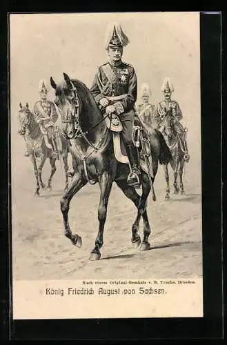 Künstler-AK König Friedrich August von Sachsen mit Gefolge auf Pferd reitend
