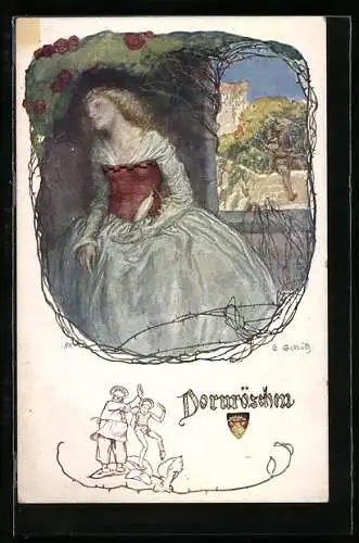 AK Deutscher Schulverein: Dornröschen schlafend mit Spindel in der Hand