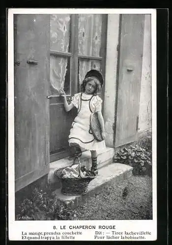 AK Le Chaperon Rouge, Rotkäppchen mit Korb vor der Tür
