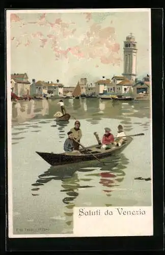 Künstler-Lithographie Venezia, Boote im Kanal