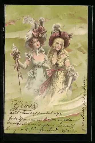 AK Zwei Frauen mit Hüten, Biedermeier