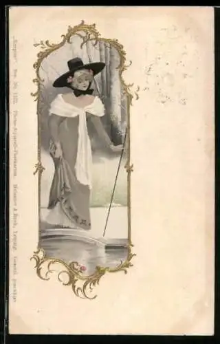 AK Elegante Dame an einem Teich, Jugendstil