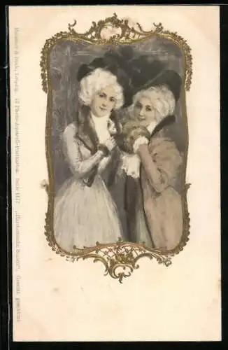 Präge-AK Zwei Damen in eleganter Winterbekleidung, Jugendstil