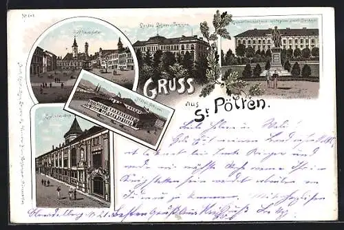 Lithographie St. Pölten, Hotel Pirrner, Englisches Stift, Landes-Lehrer-Seminar, Rathausplatz