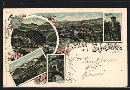 Lithographie Scheibbs, Burghof-Warte, Ursprung, Neustift
