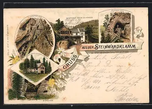 Lithographie Weissenbach a. Triesting, Steinwandklamm: Türkenloch, Gasthaus beim Eingang