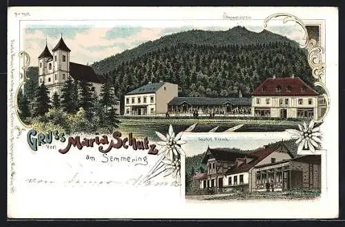 Lithographie Maria Schutz am Semmering, Gasthof Prasch, Kirche gegen Sonnwendstein