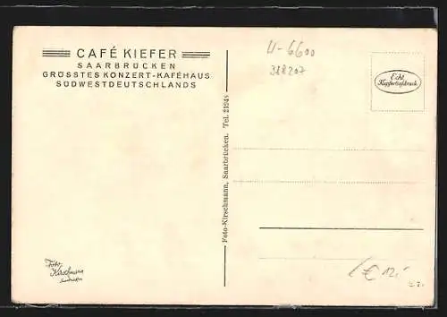 AK Saarbrücken, Strassenpartie mit Bahnhof, Café Kiefer und Bergamt, Strassenbahn